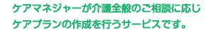 ケアマネジャーが介護全般のご相談に応じケアプランの作成を行うサービスです。